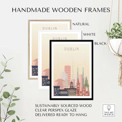 Three handmade wooden frames for Dublin print in natural, white, and black finishes with plant decor.