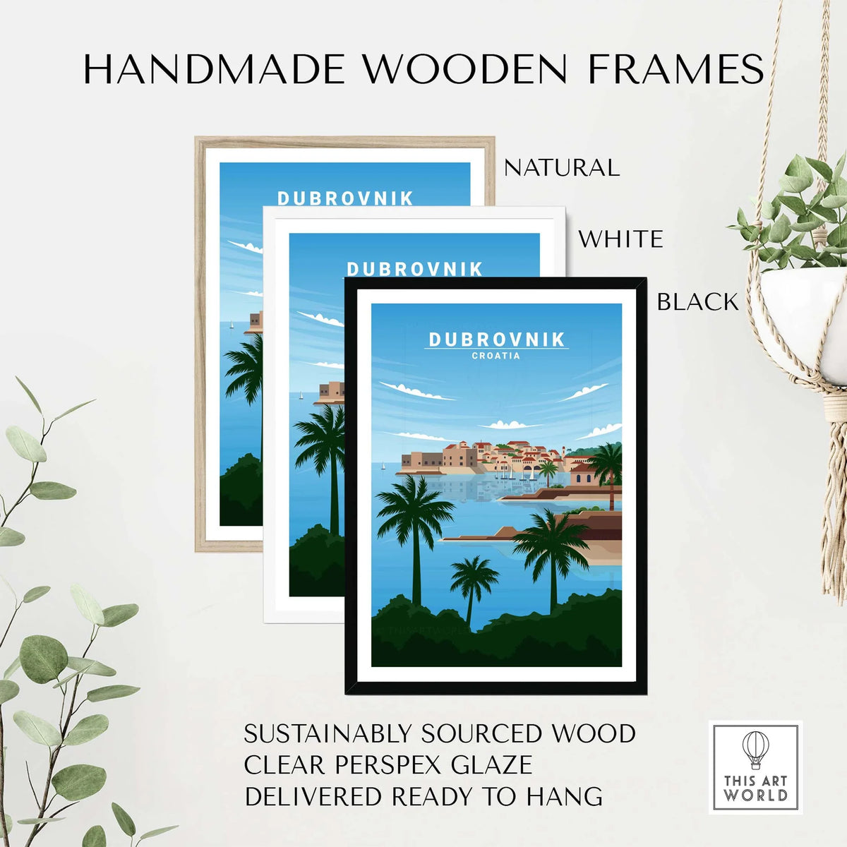 Handmade wooden frames in natural, white, and black for Dubrovnik art prints, made from sustainably sourced wood.