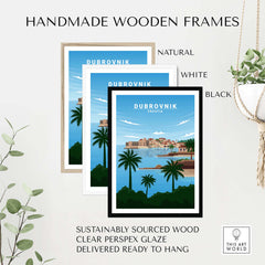 Handmade wooden frames in natural, white, and black for Dubrovnik art prints, made from sustainably sourced wood.