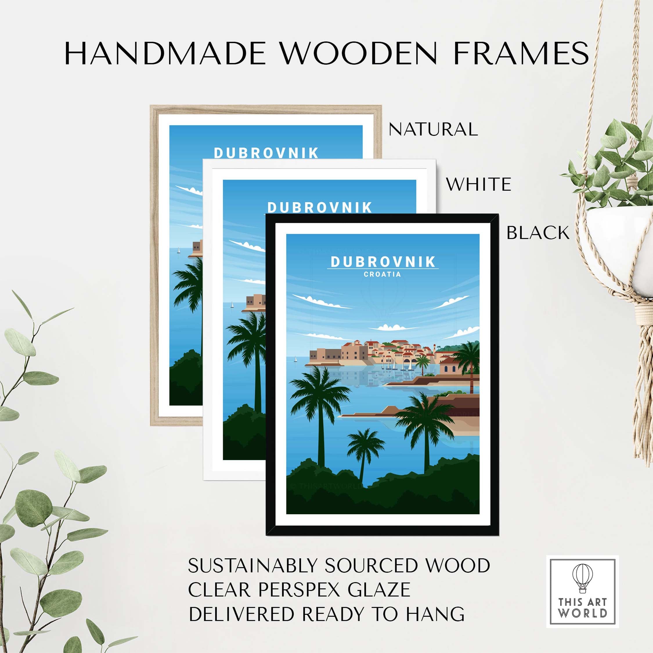 Handmade wooden frames in natural, white, and black for Dubrovnik art prints, made from sustainably sourced wood.