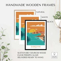 Handmade wooden frames for Dubrovnik poster art print in natural, white, and black finishes. Sustainably sourced and ready to hang.