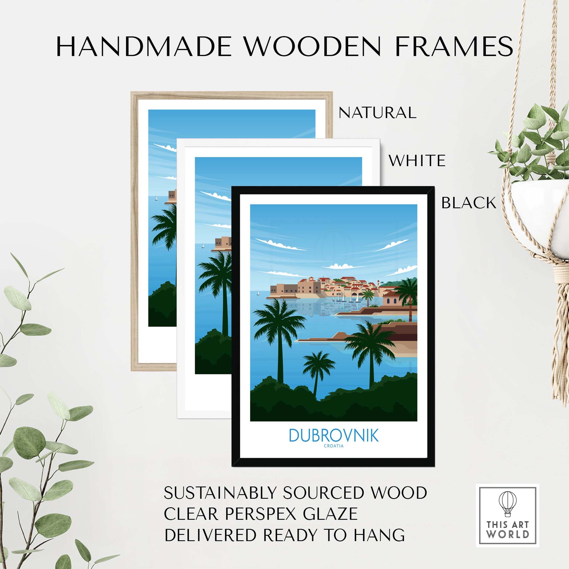 Handmade wooden frames in natural, white, and black for Dubrovnik Poster Art, sustainably sourced and ready to hang.