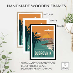 Handmade wooden frames for Dubrovnik Poster, in natural, white, and black colors, ready to hang and sustainably sourced.