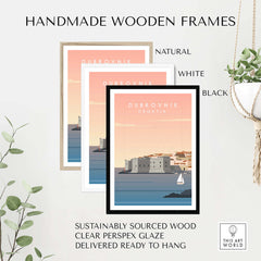 Handmade wooden frames for Dubrovnik print wall art in natural, white, and black colors, ready to hang.