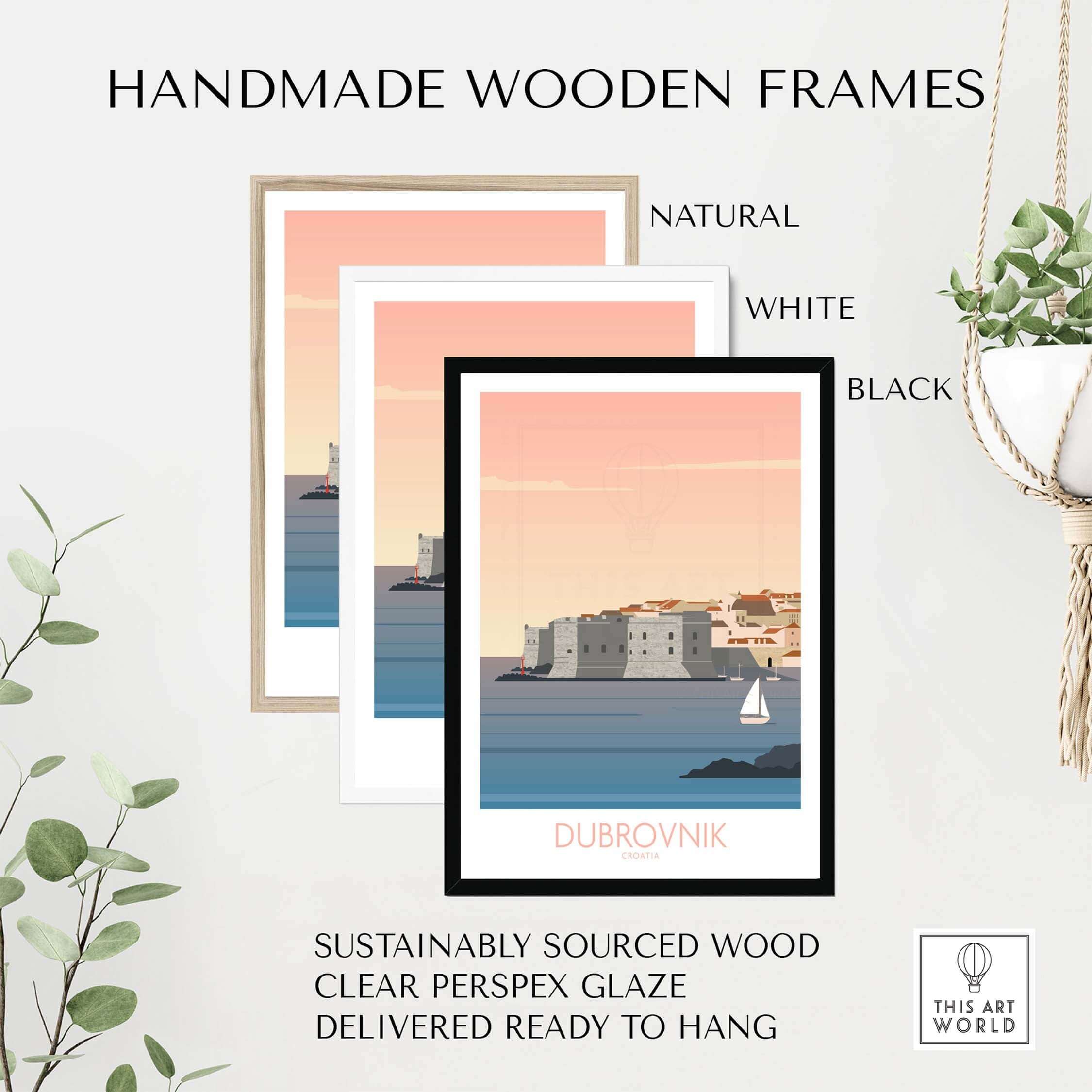 Handmade wooden frames in natural, white, and black colors for Dubrovnik Print Travel Poster, ready to hang.
