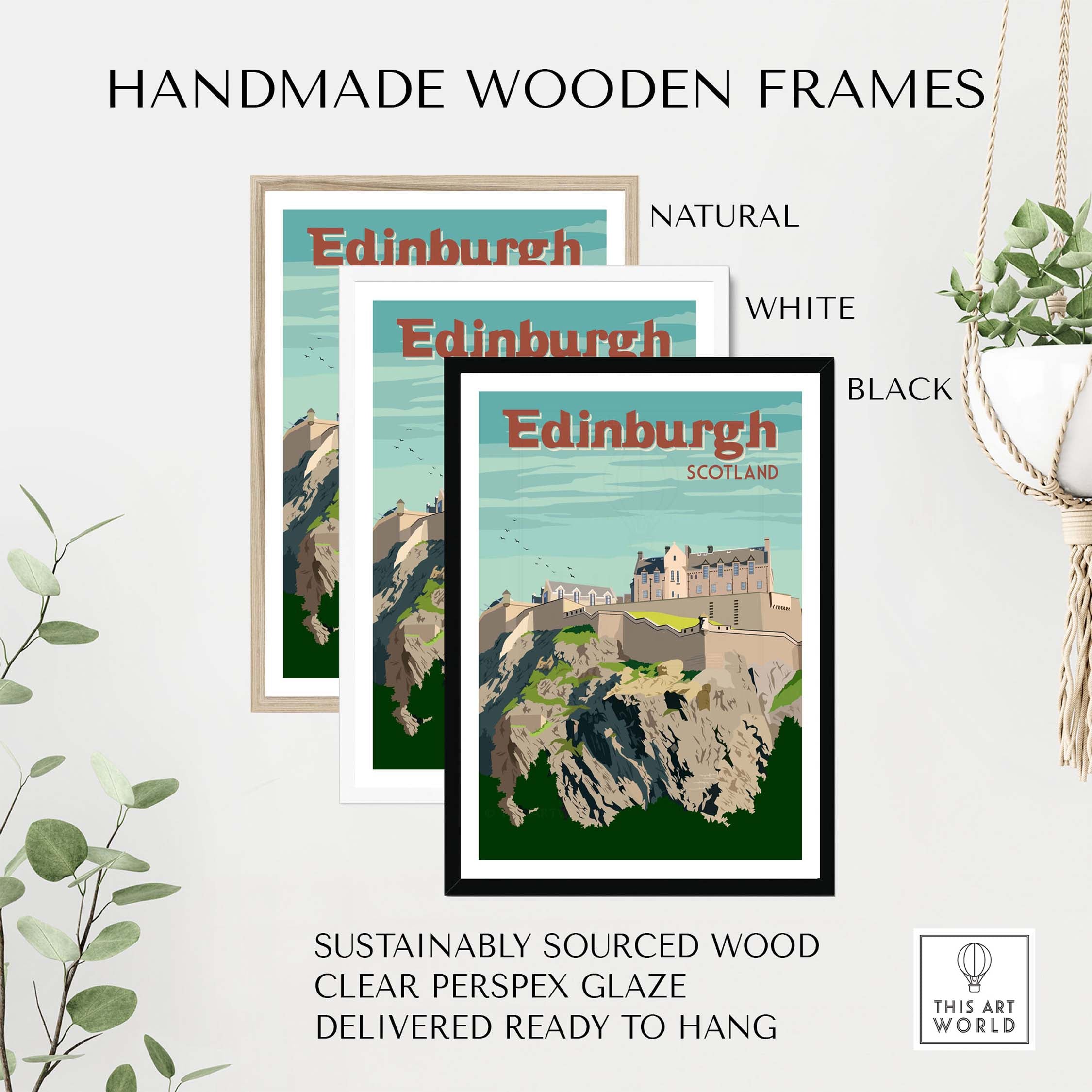 Handmade wooden frames in natural, white, and black for Edinburgh vintage print poster wall art.