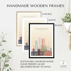 Handmade wooden frames in natural, white, and black for Edinburgh skyline wall art, crafted from sustainably sourced wood.