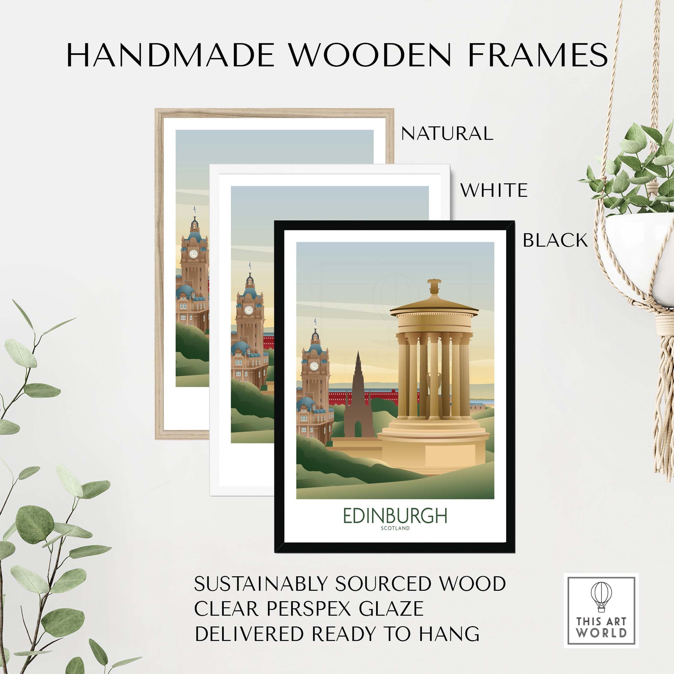 Edinburgh wall art print in handmade wooden frames, showing natural, white, and black options, sustainably sourced and ready to hang.