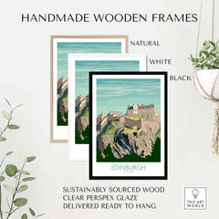 Handmade wooden frames in natural, white, and black for Edinburgh Print Scotland Travel Poster.