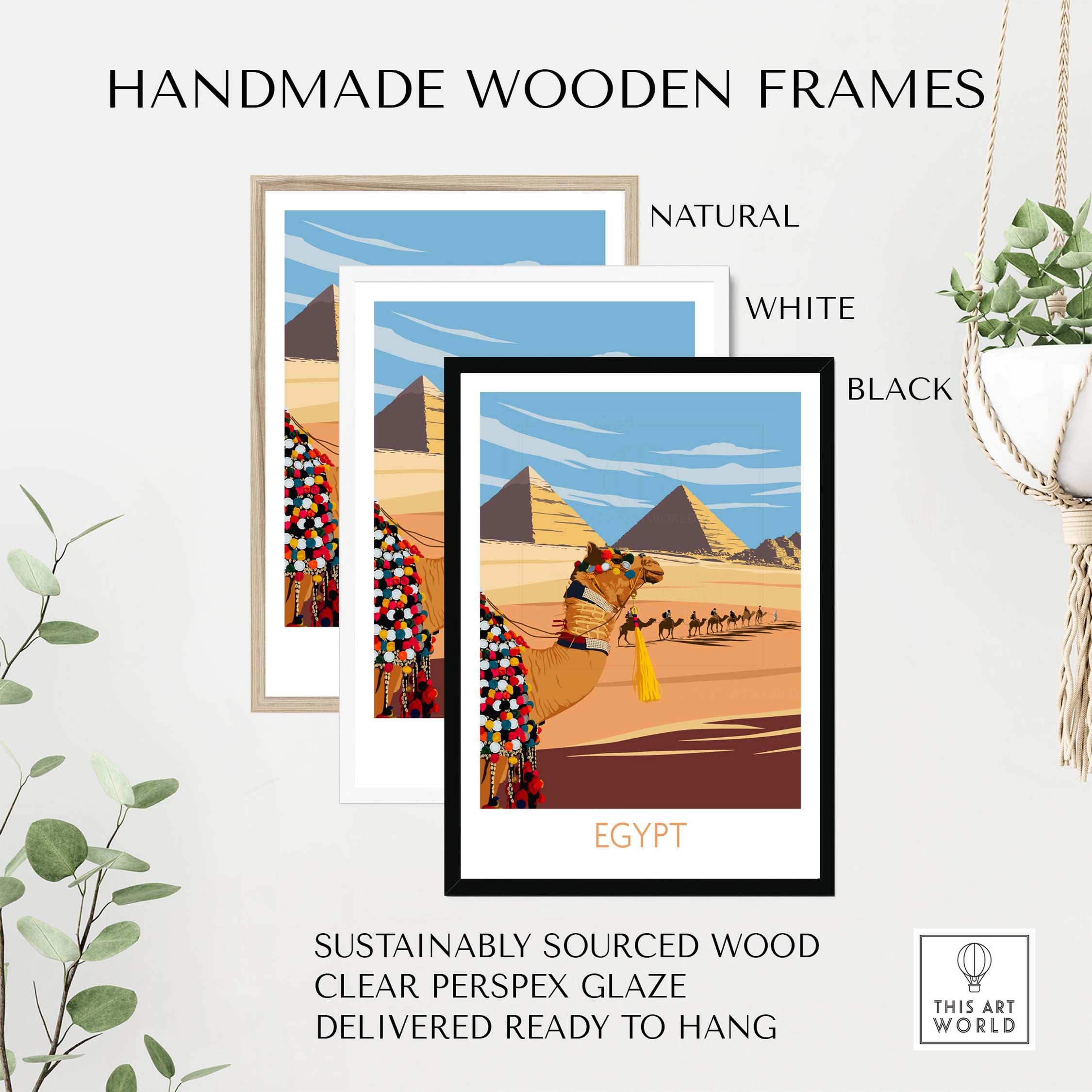 Handmade wooden frames in natural, white, and black for Egypt poster wall art, sustainably sourced and ready to hang.