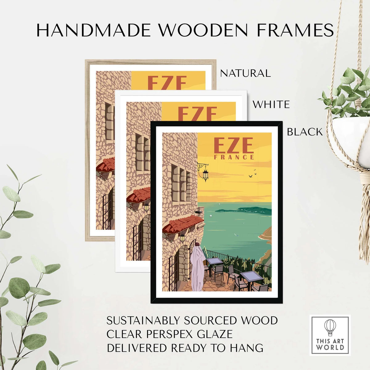 Eze France poster print wall art displayed in natural, white, and black handmade wooden frames.