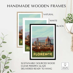 Handmade wooden frames in natural, white, and black showcasing vintage Florence poster wall art.
