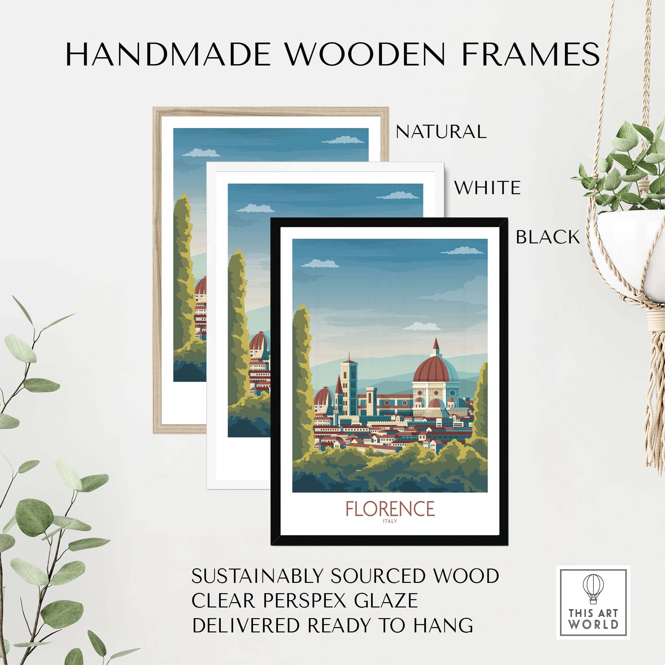 Handmade wooden frames in natural, white, and black for Florence Italy art print. Sustainably sourced, ready to hang.