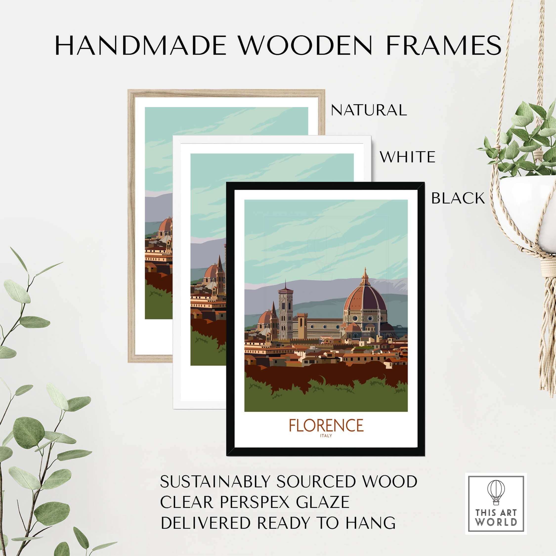 Florence Print Italy Travel Poster with handmade wooden frames in natural, white, and black finishes.