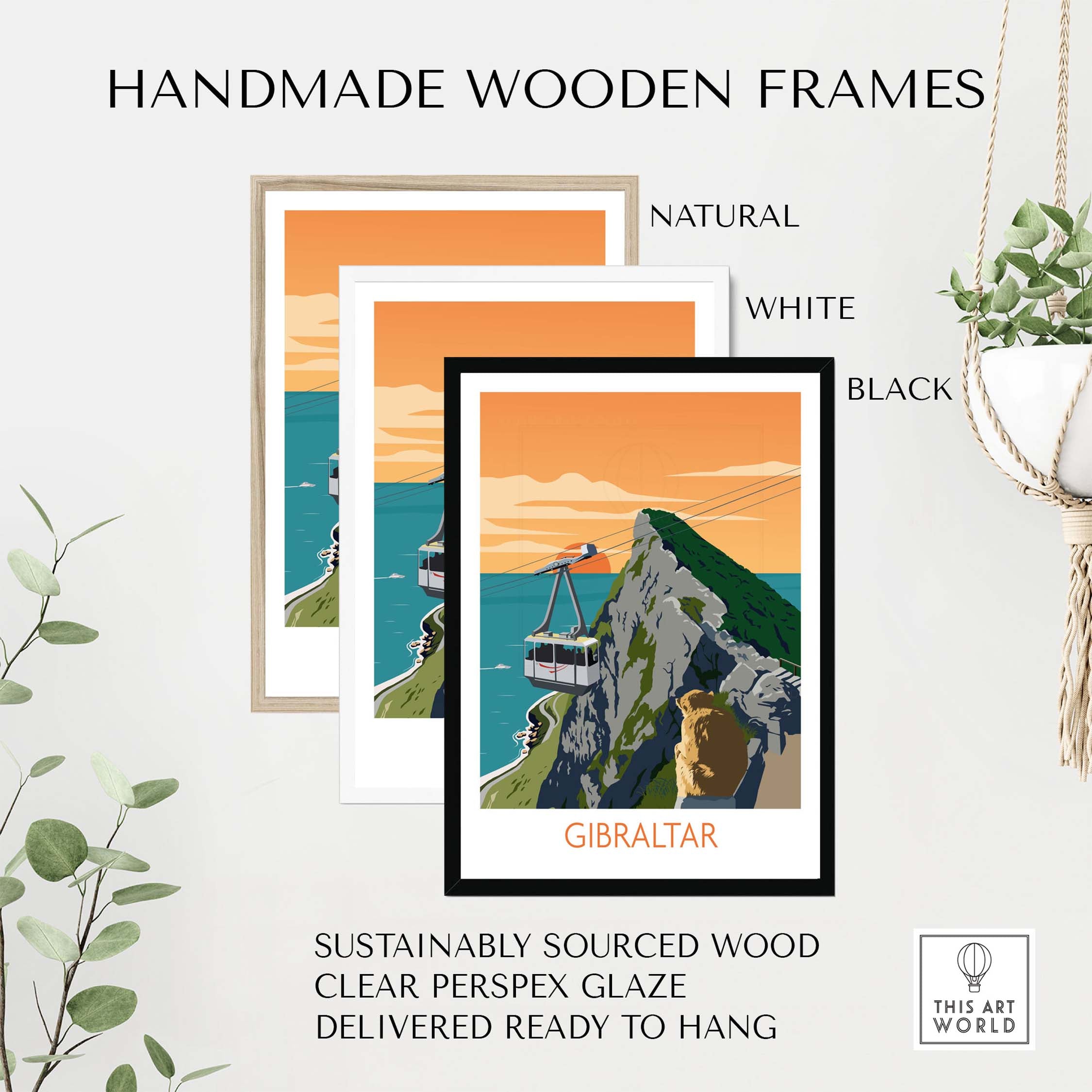 Gibraltar Travel Poster Art Print displayed in handmade wooden frames: natural, white, and black options.