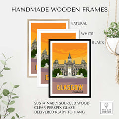 Handmade wooden frames in natural, white, and black for Glasgow Poster Print Scotland. Sustainable and ready to hang.