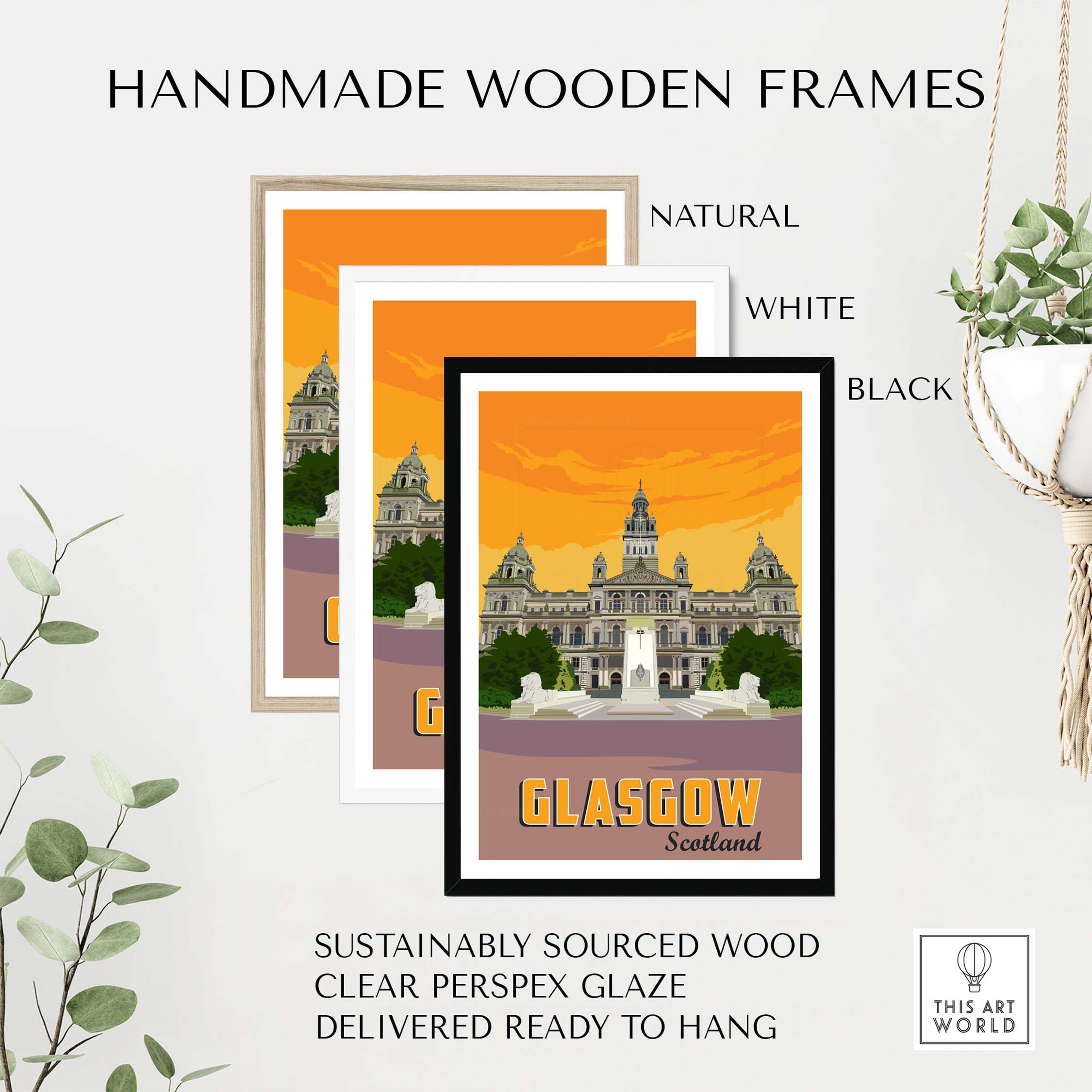 Handmade wooden frames in natural, white, and black for Glasgow Poster Print Scotland. Sustainable and ready to hang.