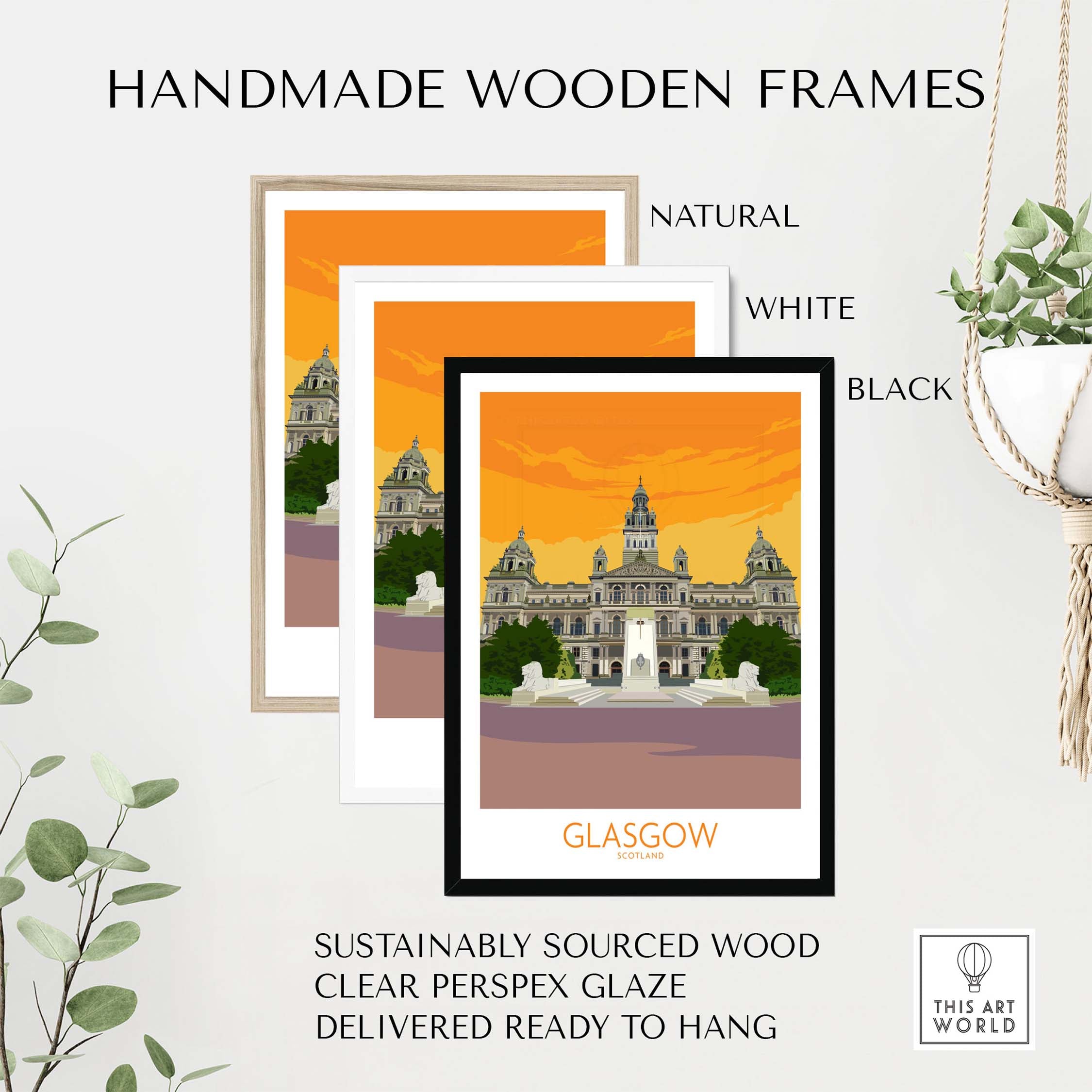 Glasgow Travel Poster Art Print in handmade wooden frames: natural, white, and black options, ready to hang.