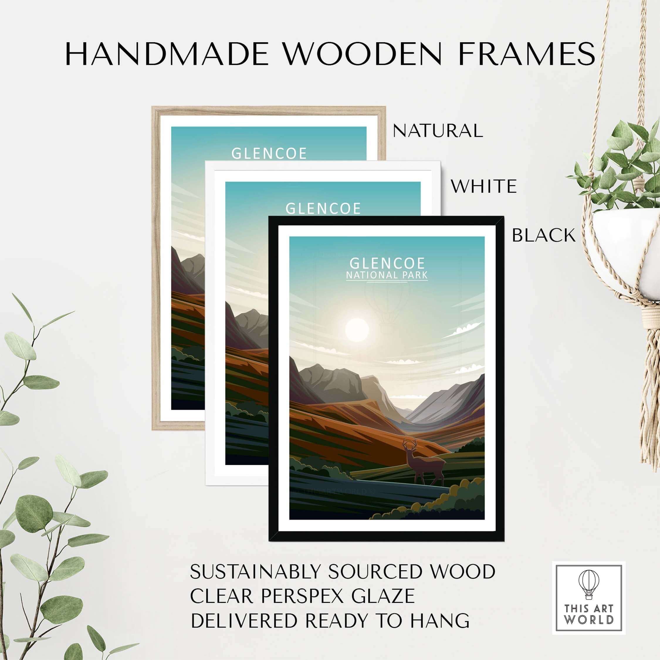 Handmade wooden frames for Glencoe National Park prints in natural, white, and black finishes.