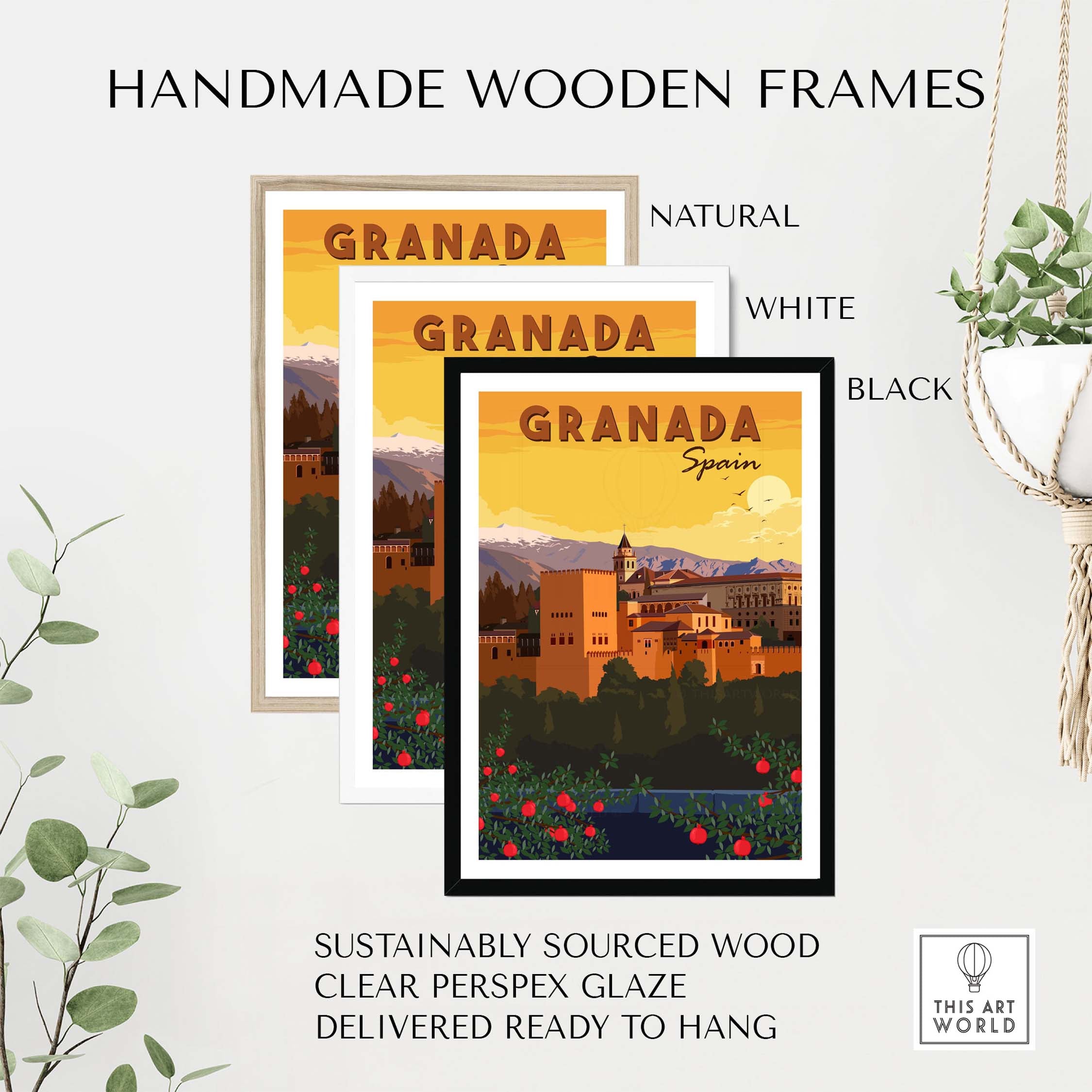 Handmade wooden frames for Granada Wall Art Print in natural, white, and black; sustainably sourced wood, ready to hang.