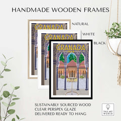 Handmade wooden frames in natural, white, and black for Granada poster print, sustainably sourced and ready to hang.
