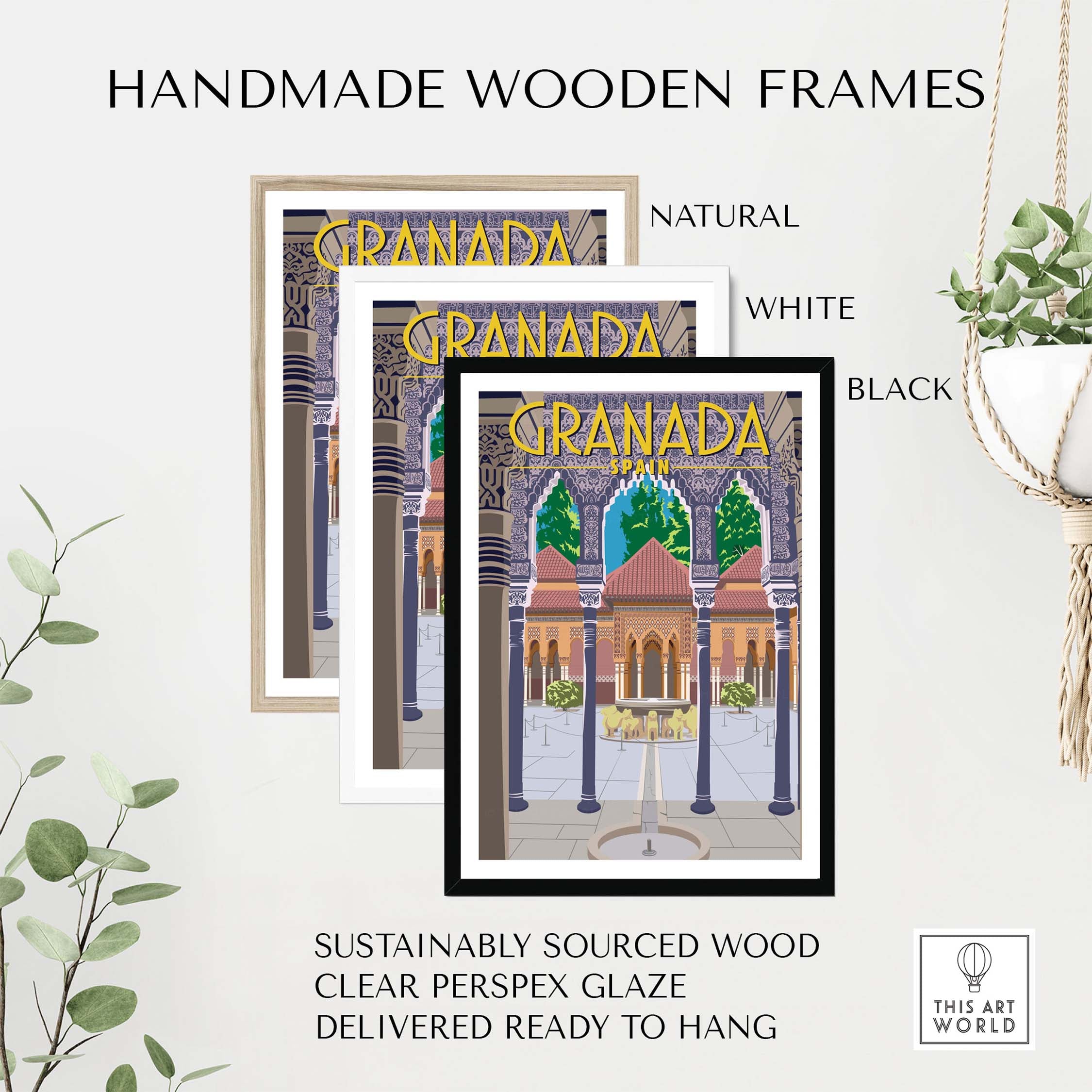 Handmade wooden frames in natural, white, and black for Granada poster print, sustainably sourced and ready to hang.