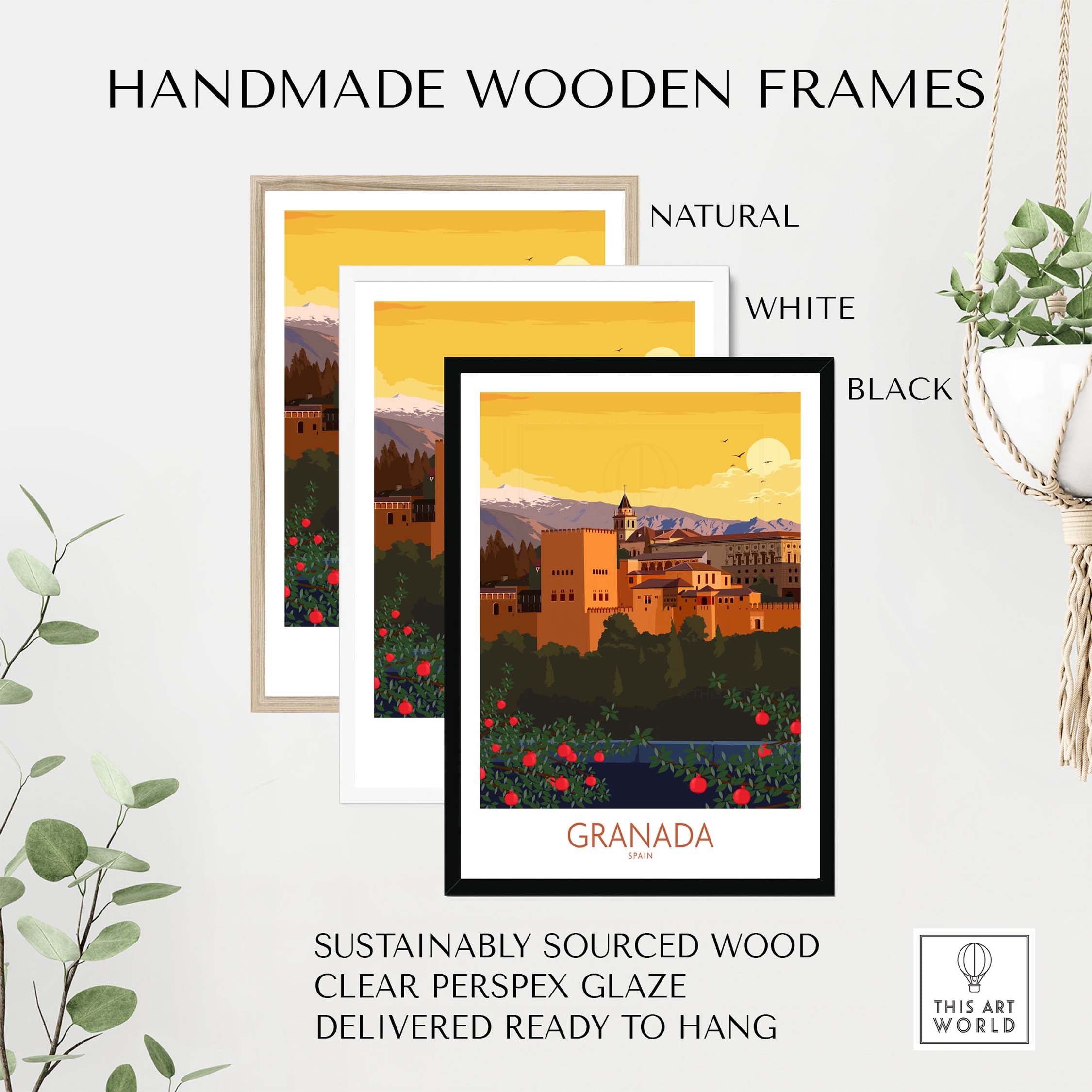 Handmade wooden frames for Granada Poster Print, available in natural, white, and black styles. Eco-friendly and ready to hang.