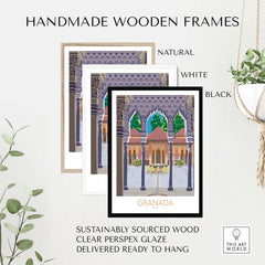 Granada Spain poster print in handmade wooden frames, available in natural, white, and black options.