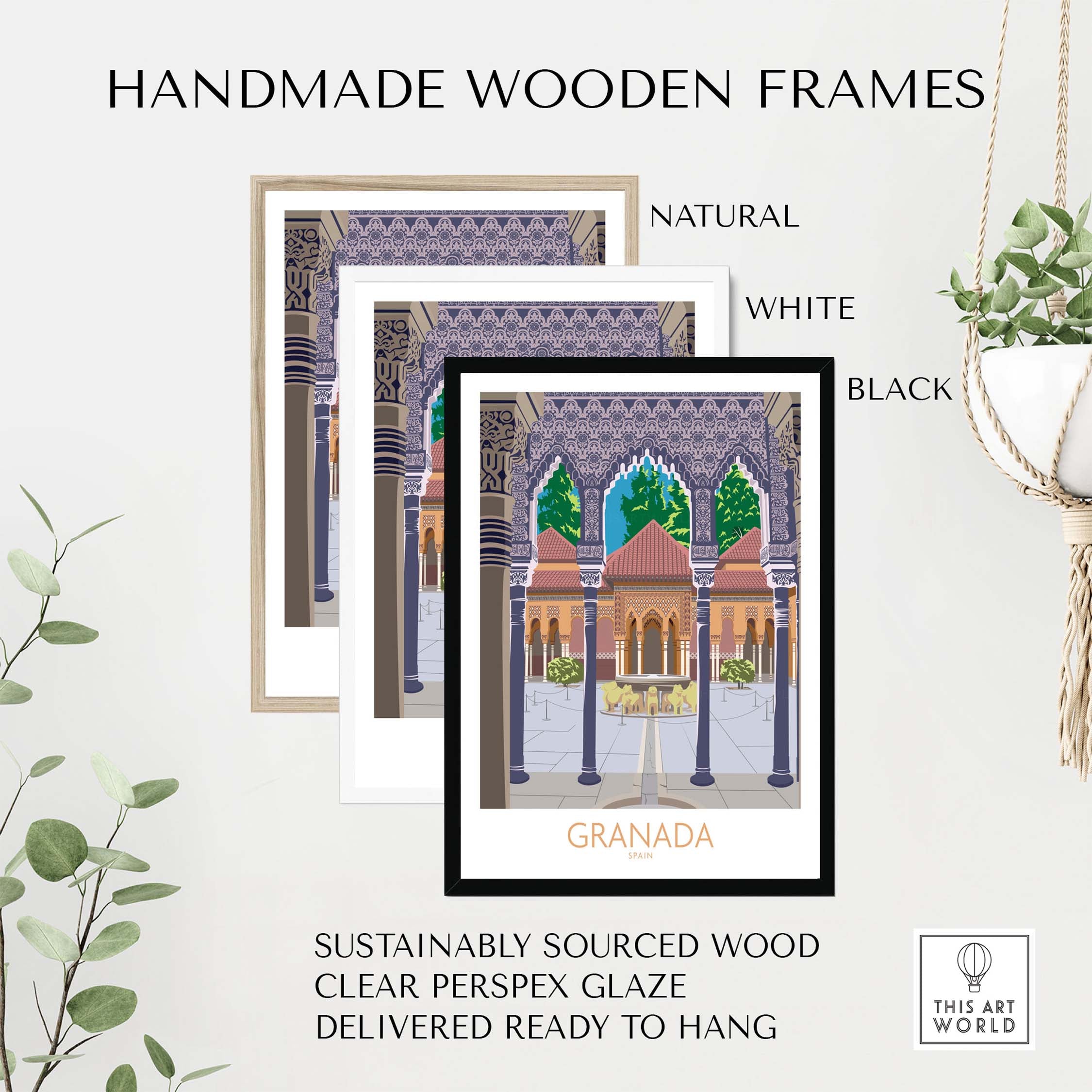 Granada Spain poster print in handmade wooden frames, available in natural, white, and black options.
