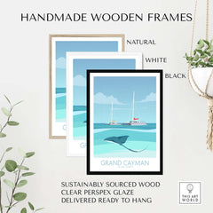 Handmade wooden frames in natural, white, and black for Grand Cayman Art Print Poster, sustainably sourced and ready to hang.