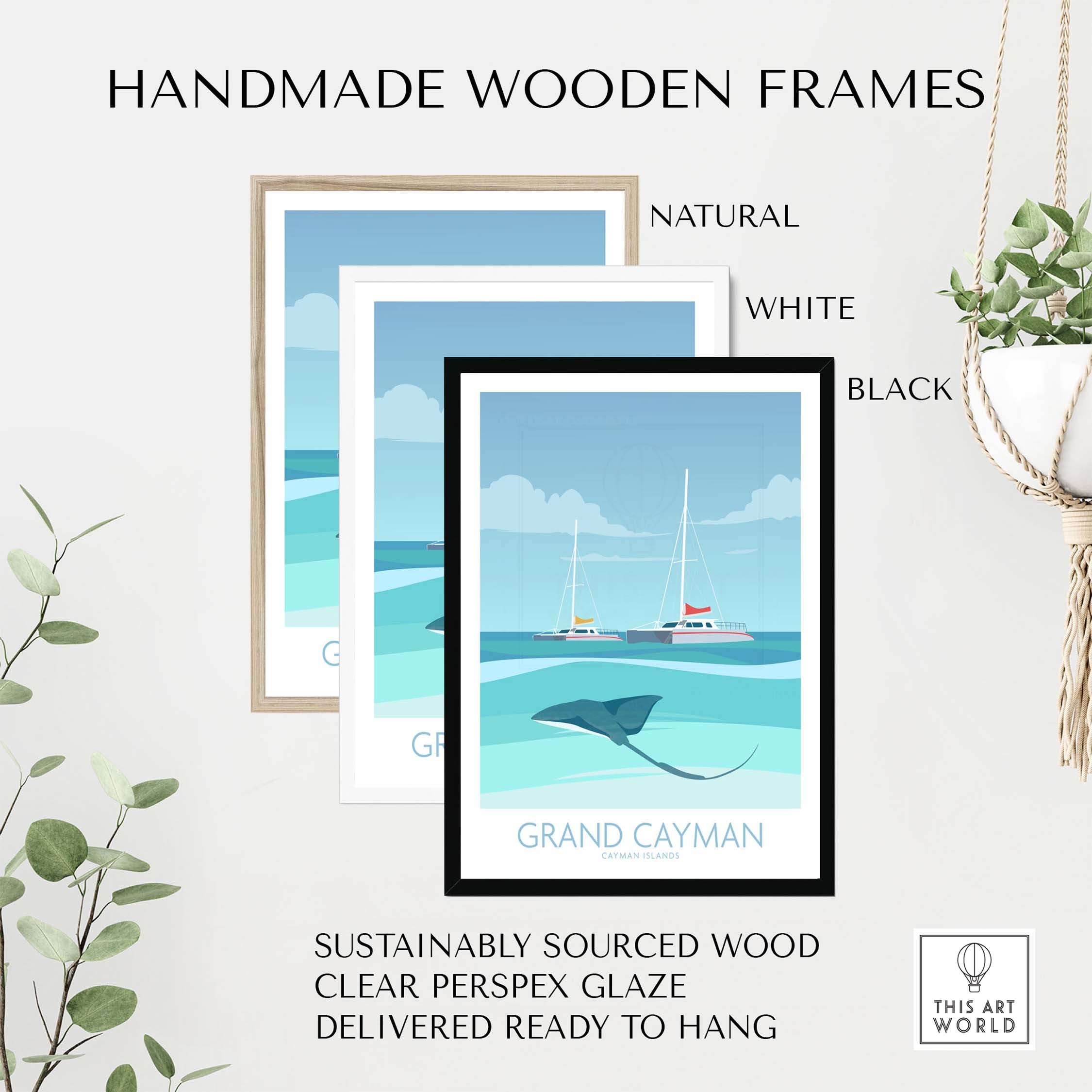 Handmade wooden frames in natural, white, and black for Grand Cayman Art Print Poster, sustainably sourced and ready to hang.