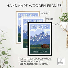 Three handmade wooden frames in natural, white, and black for Grand Teton National Park print, ready to hang.