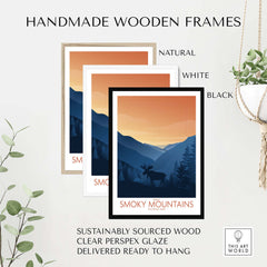 Handmade wooden frames for Smoky Mountains Art Print in natural, white, and black finishes, sustainably sourced wood.