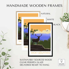 Handmade wooden frames in natural, white, and black for Great Smoky Mountains poster, sustainably sourced and ready to hang.