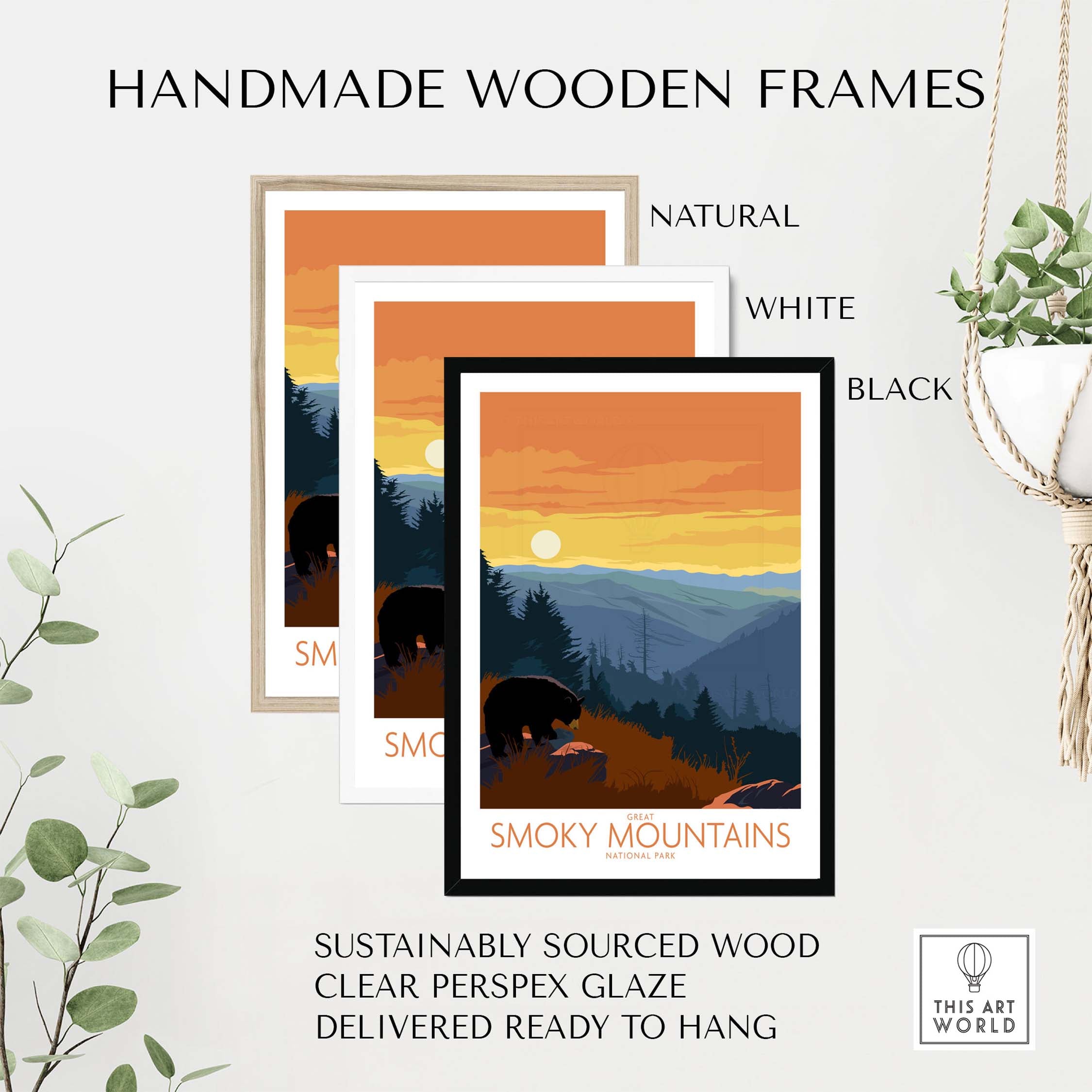 Handmade wooden frames in natural, white, and black styles, featuring Smoky Mountains poster prints, ready to hang.