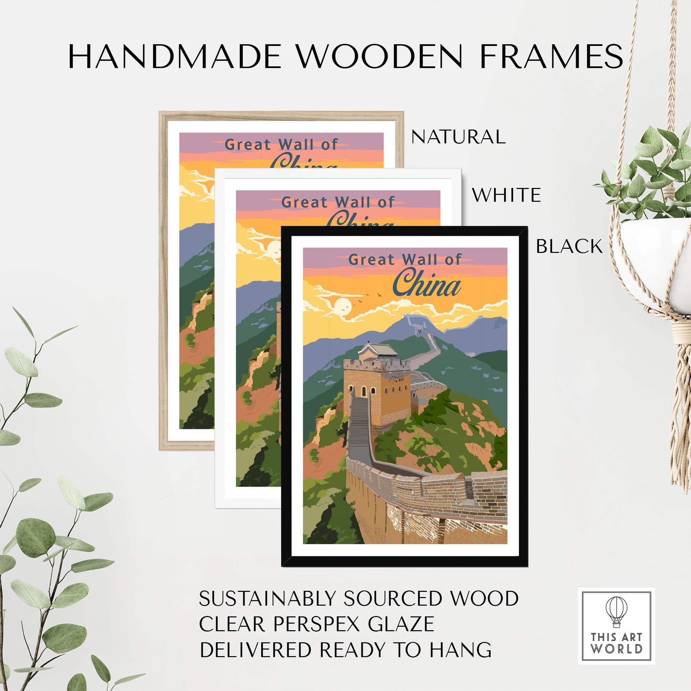 Great Wall of China poster print in handmade wooden frames: natural, white, black. Sustainable, ready to hang wall art.