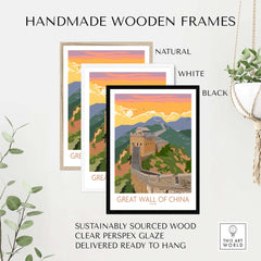 Handmade wooden frames for Great Wall of China print in natural, white, and black finishes, ready to hang.