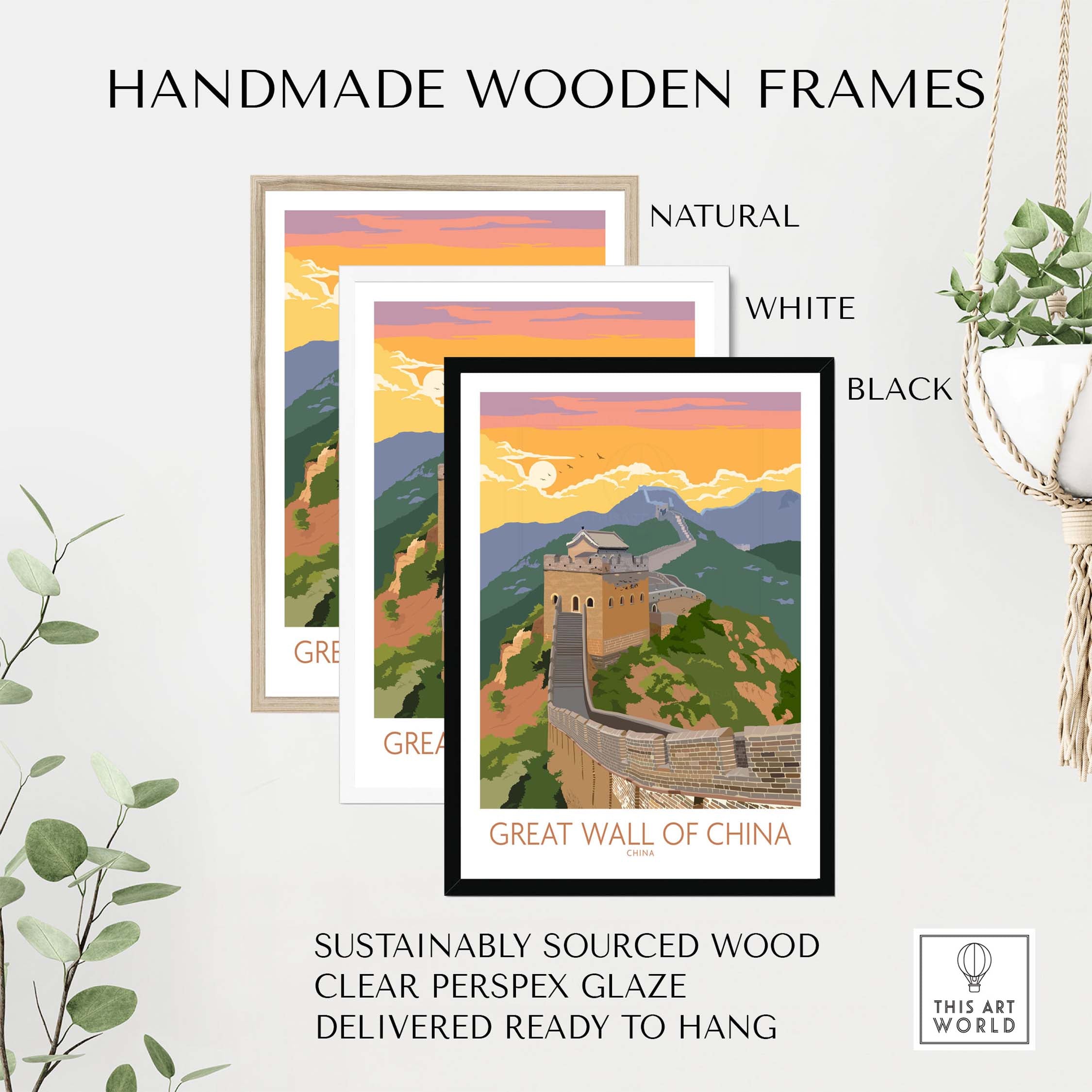 Handmade wooden frames for Great Wall of China print in natural, white, and black finishes, ready to hang.