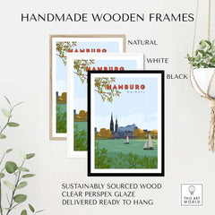 Handmade wooden frames for Hamburg poster in natural, white, and black finishes, sustainably sourced wood ready to hang.