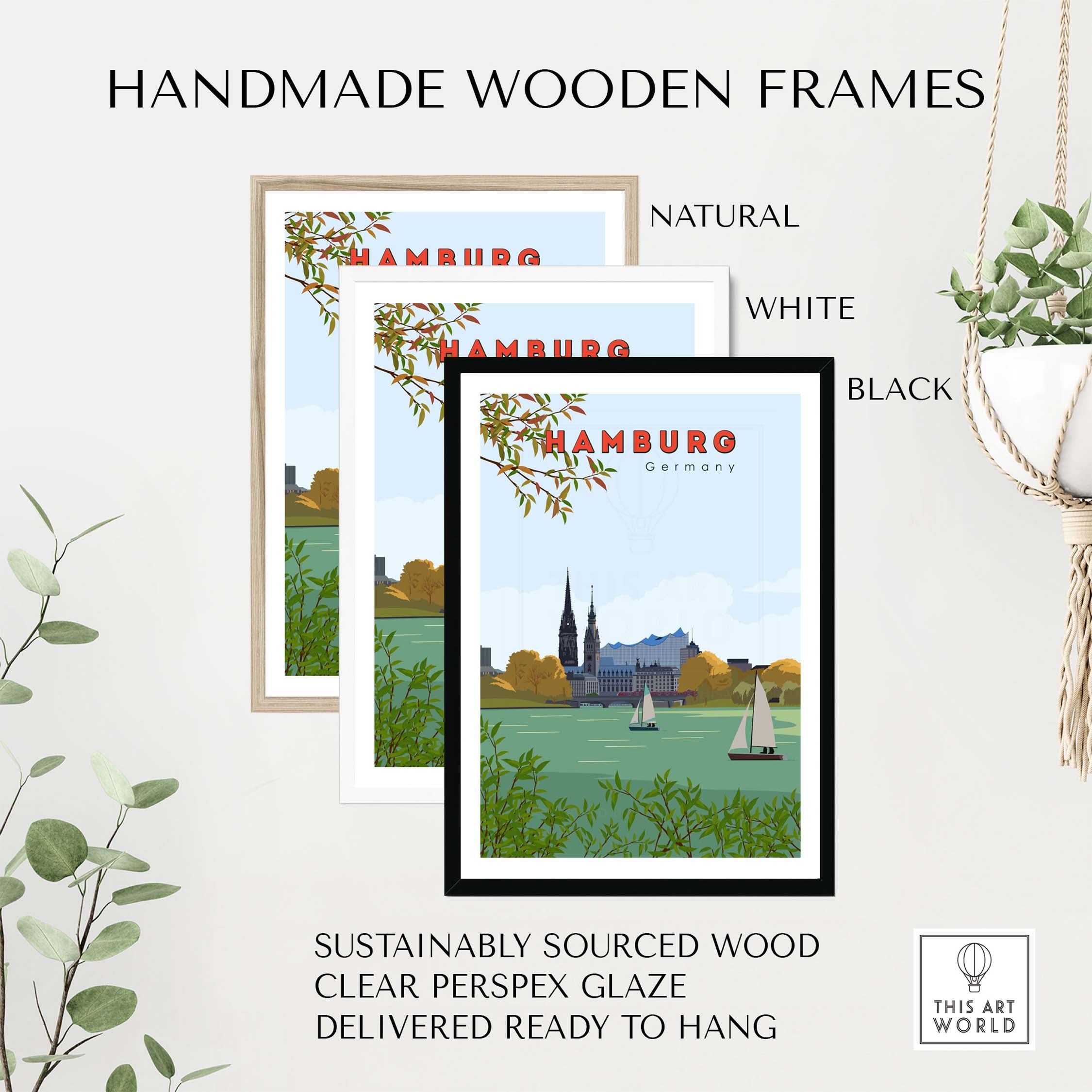 Handmade wooden frames for Hamburg poster in natural, white, and black finishes, sustainably sourced wood ready to hang.