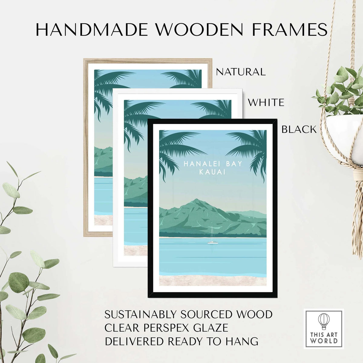 Handmade wooden frames in natural, white, and black styles for Kauai wall art, sustainably sourced and ready to hang.
