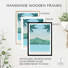 Handmade wooden frames in natural, white, and black styles for Kauai wall art, sustainably sourced and ready to hang.