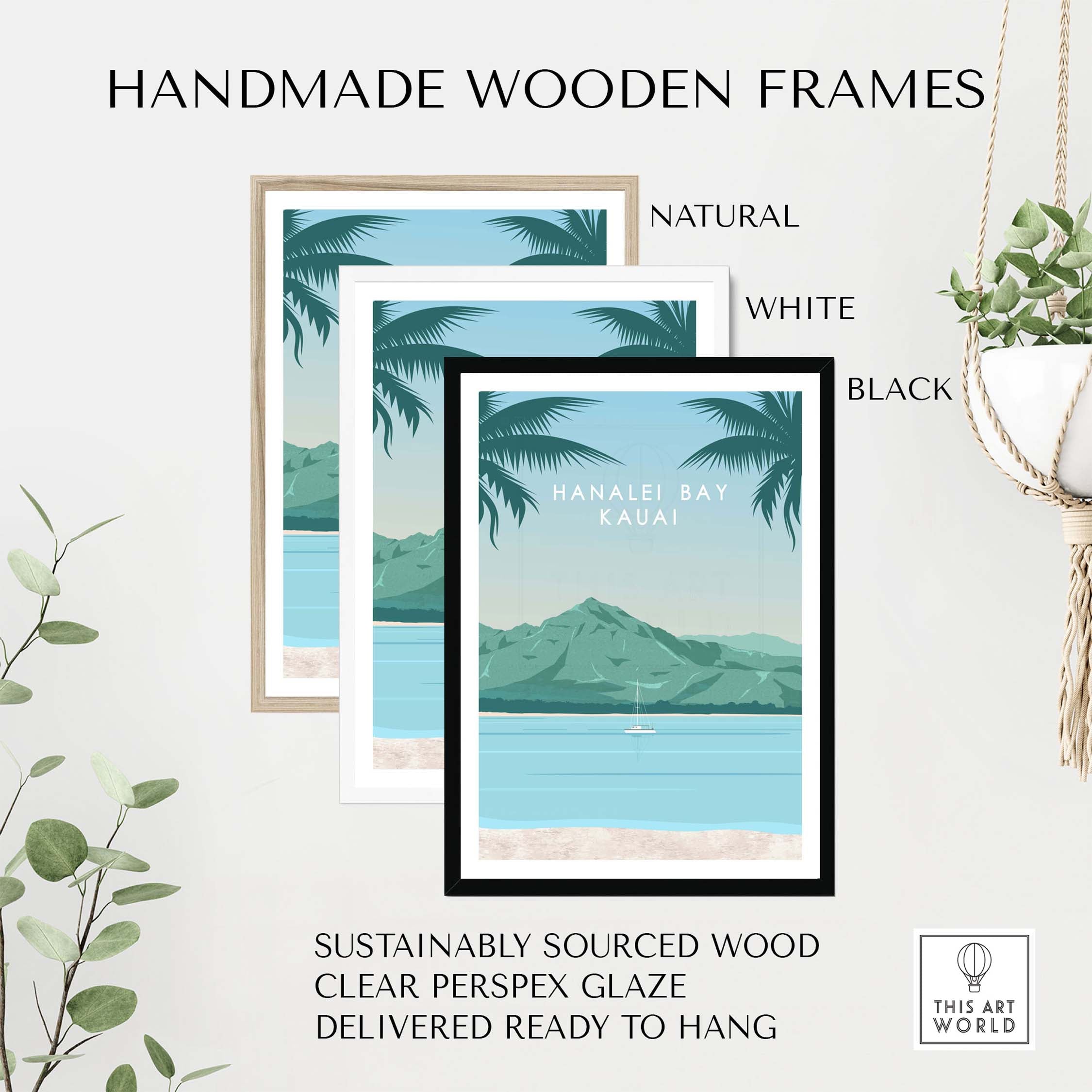 Handmade wooden frames in natural, white, and black styles for Kauai wall art, sustainably sourced and ready to hang.