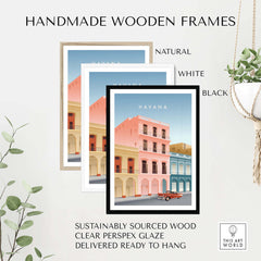 Handmade wooden frames for Havana Wall Art Poster, available in natural, white, and black finishes with clear Perspex glaze.