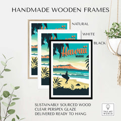 Hawaii Waikiki poster framed in natural, white, and black handmade wooden frames, ready to hang.