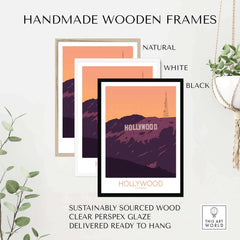 Handmade wooden frames in natural, white, and black for Hollywood Print California Poster, sustainably sourced wood.