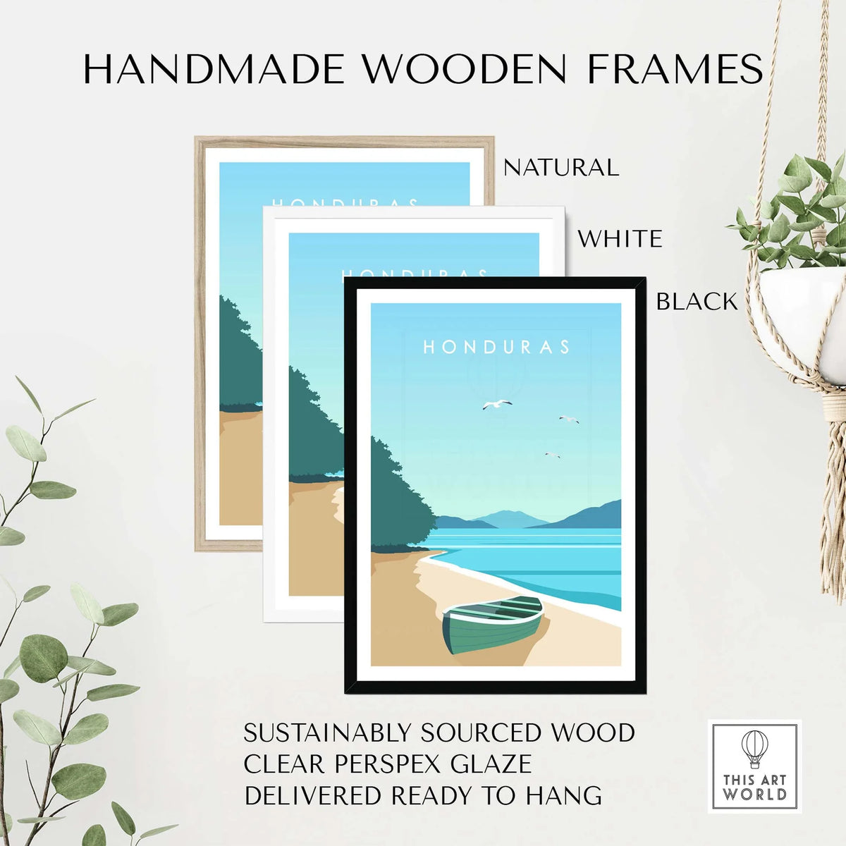 Honduras Print in handmade wooden frames, showcasing natural, white, and black options, perfect for stylish wall decor.