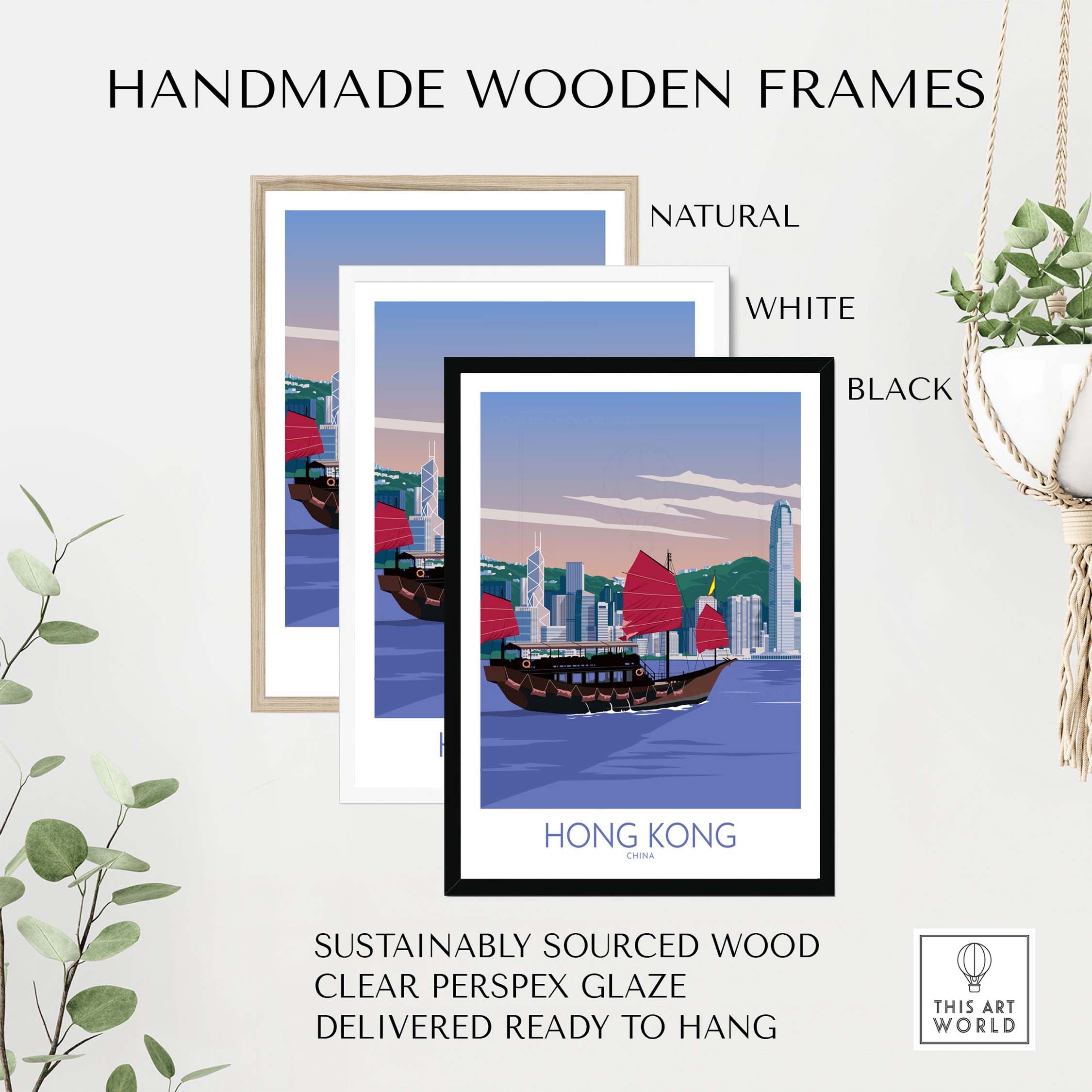 Handmade wooden frames for Hong Kong travel poster, sustainably sourced wood, available in natural, white, and black.