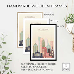 Handmade wooden frames for Houston skyline print in natural, white, and black, made from sustainably sourced wood.