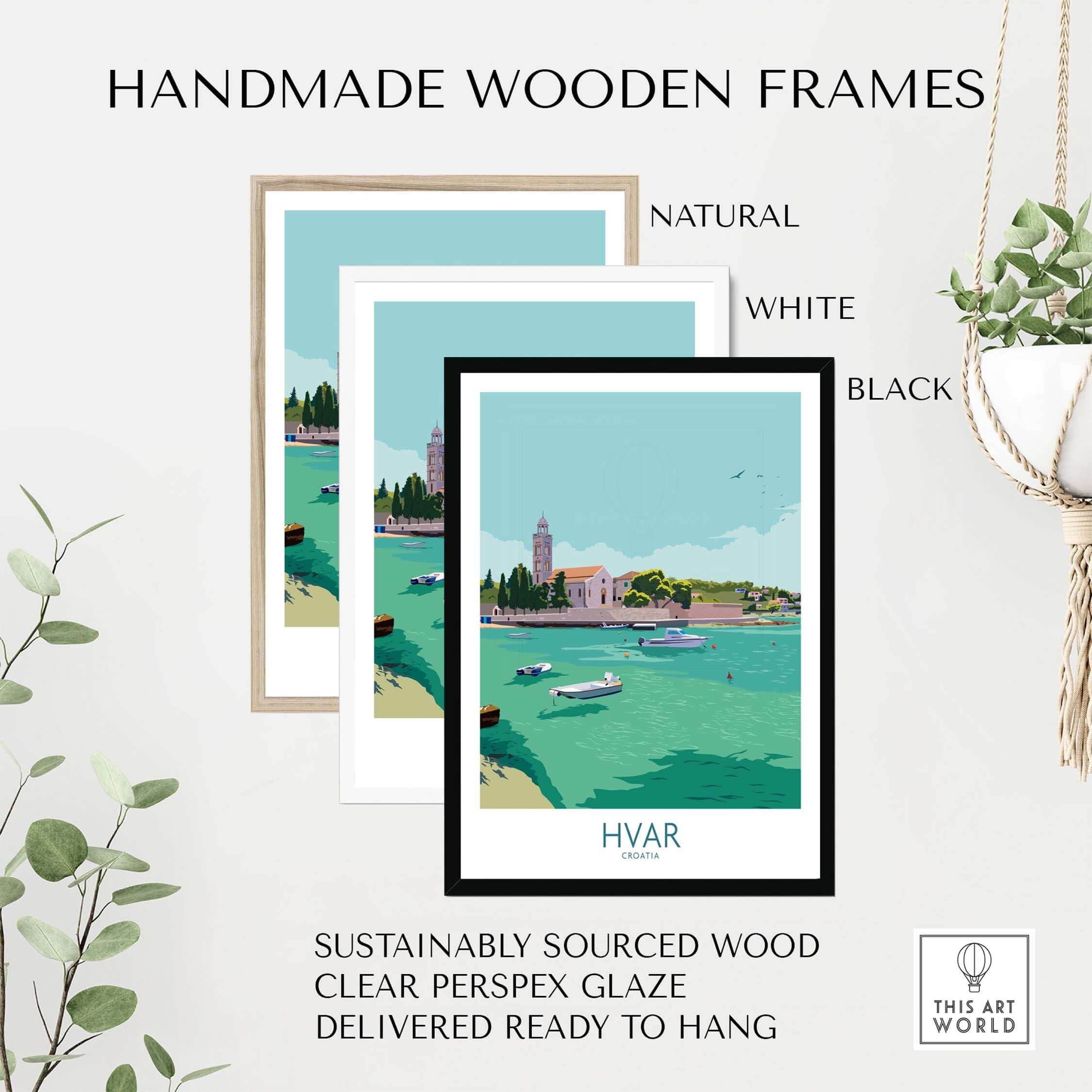 Handmade wooden frames in natural, white, and black for Hvar Print Croatia Travel Poster.